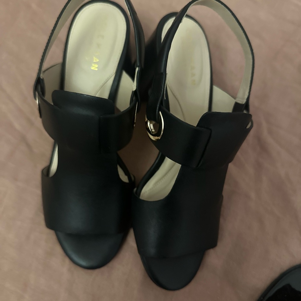 Cole Hahn Black Open-Toe  Block leather Heels w/ Gold Buckle size 5 1/2